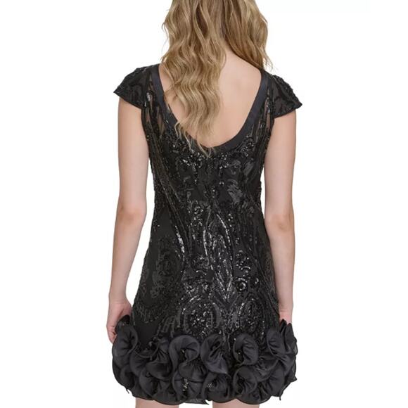 NEW Guess Black Sequin Cocktail Dress Size 4 Rosette Ruffle Mini Formal Hoco NWT - Picture 2 of 14